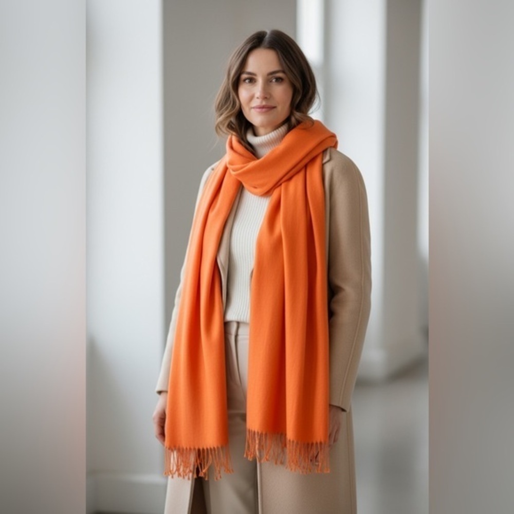 Bright Orange Pashmina Scarf Shawl Wrap Fringe Soft Rayon Acrylic 28x72
